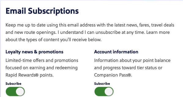 Southwest Email subscriptions